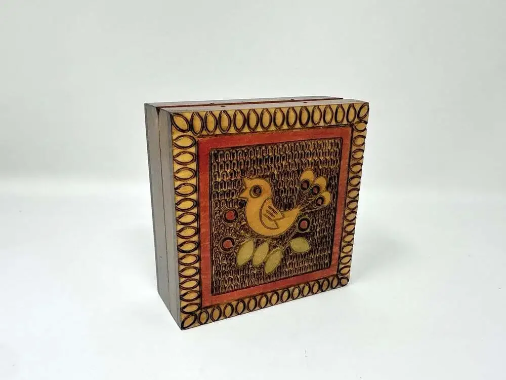 Mid-Century Polish Folk Art Wooden Bird Trinket Box from Poland vtg pyrography
